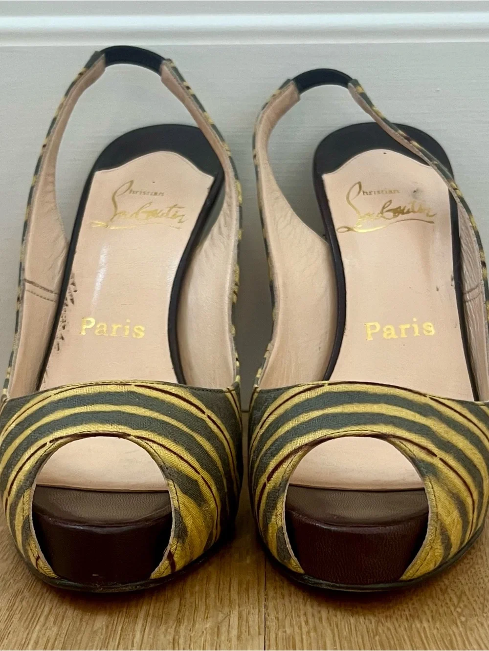 Christian Louboutin Striped Multicolor Peep-Toe Slingback Heels Size US 7/EU 37